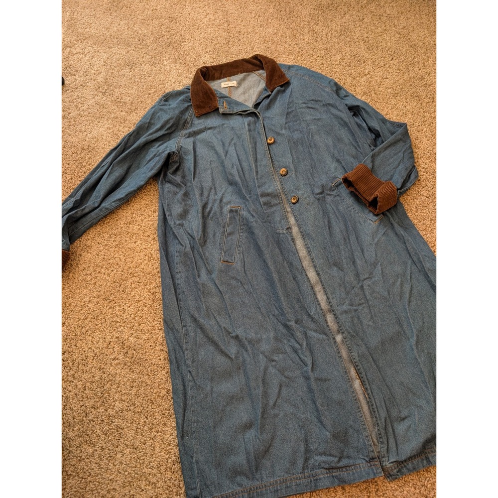 Michelle Louise Denim Duster Coat Blue Brown Corduroy Trim Longline Jacket